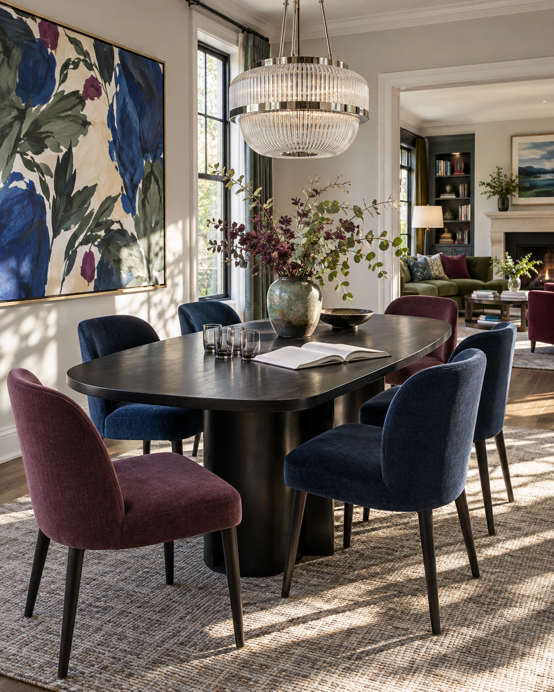 Contemporary dining room with blue and plum chairs