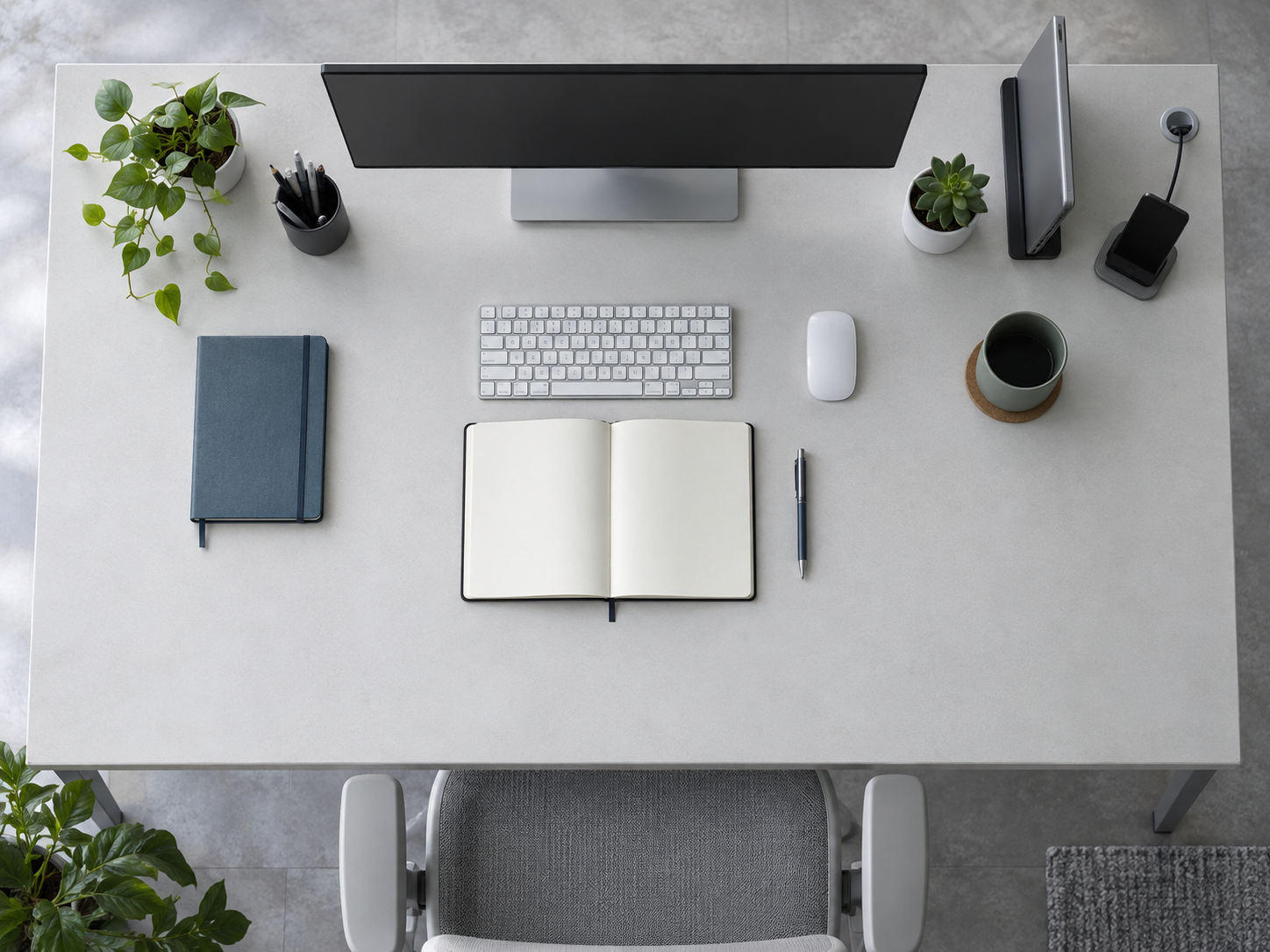 Overhead home office desk arranged into a clear work zone, frequently reached center, raised rear equipment and controlled cable edge.