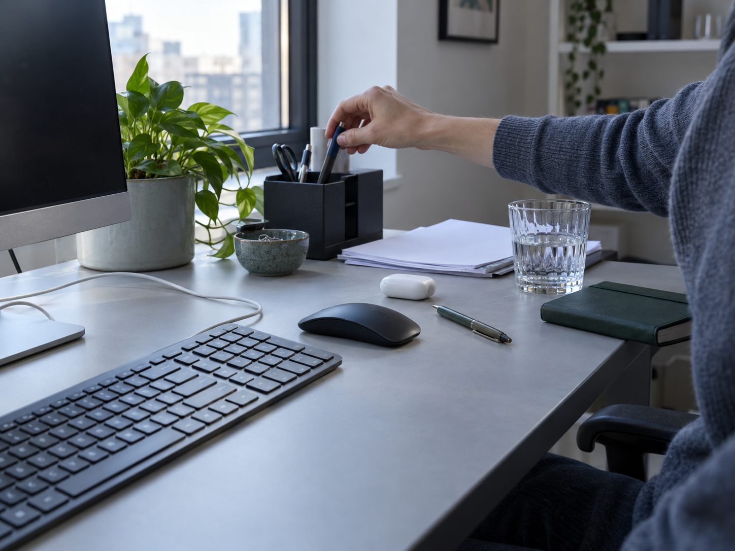 Home Office Desk Accessories - Ravnora Decor Home office desk during a quick reset as paper, small tools and a loose cable are moved away from the active workspace.