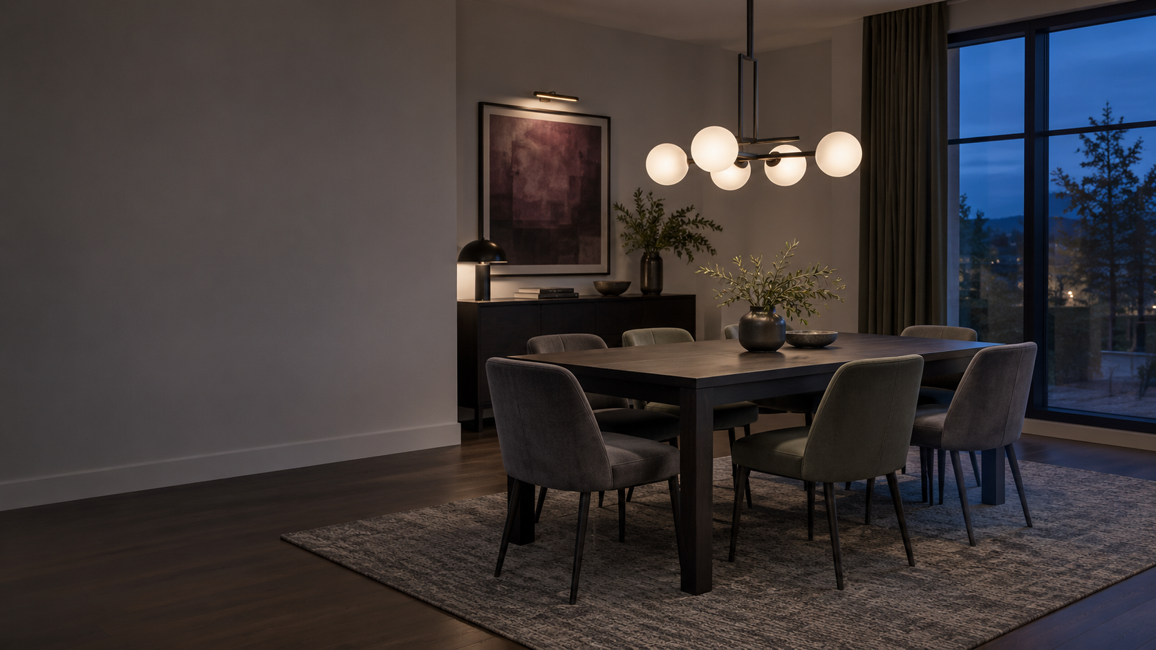Contemporary dining room at blue hour with a centered sculptural chandelier and layered sideboard lighting.