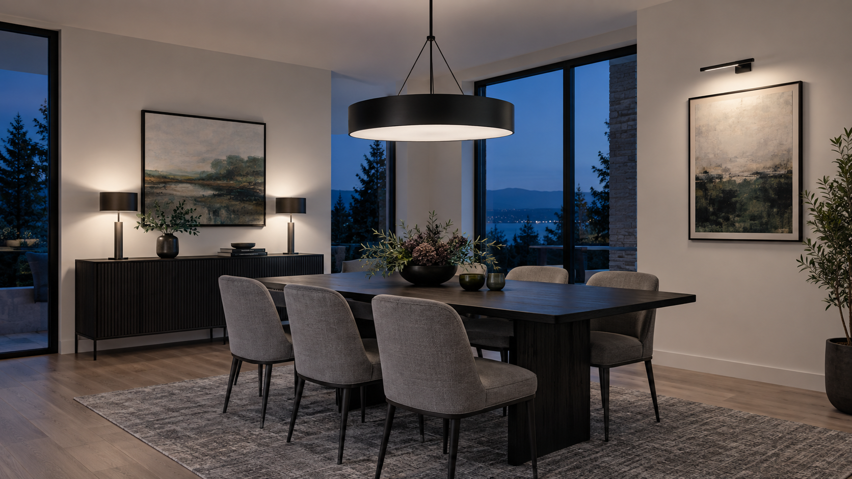 Dining room demonstrating overhead, sideboard and wall lighting as three separate layers.