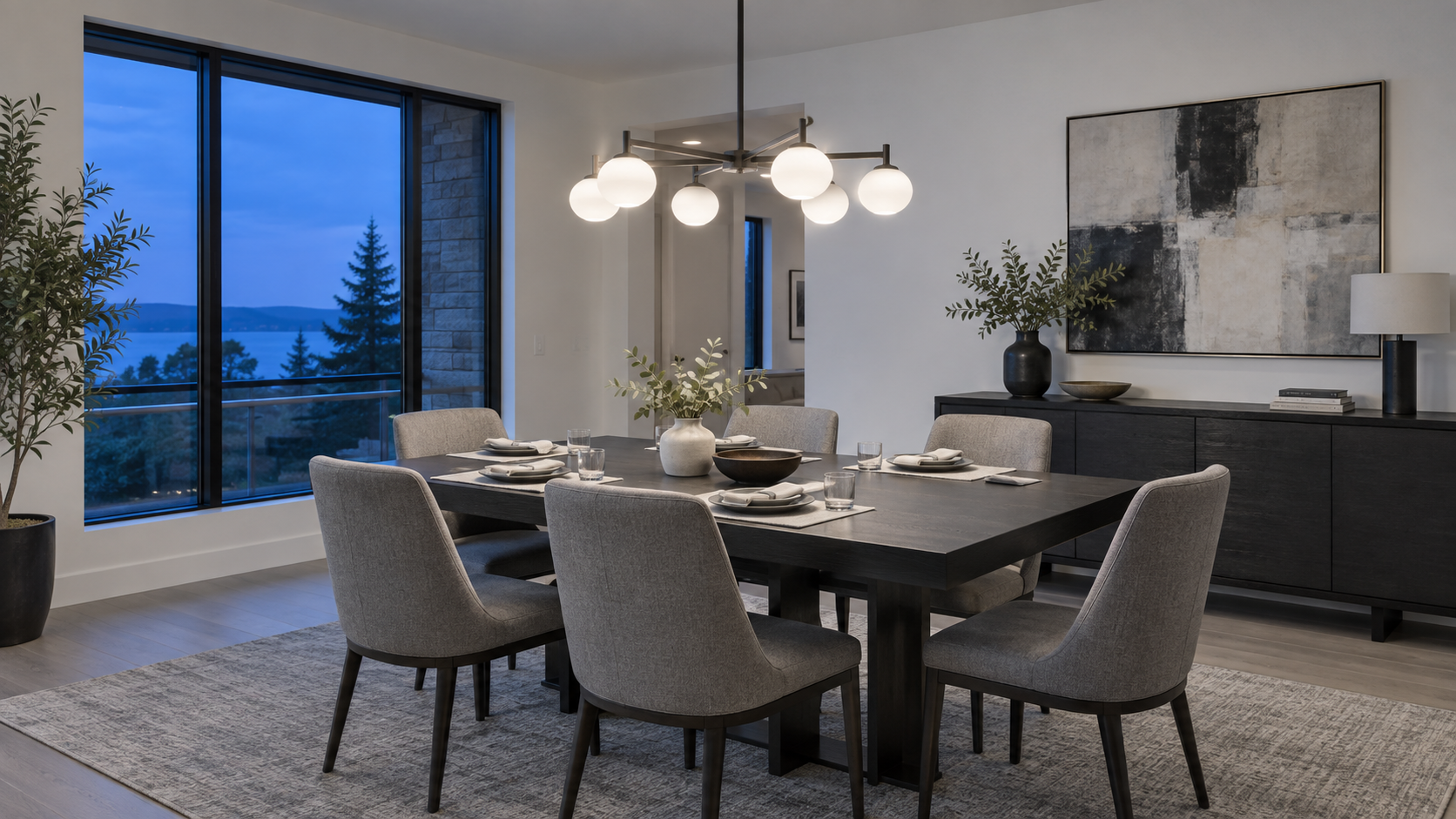 Dining room in a brighter functional lighting mode for an everyday meal.