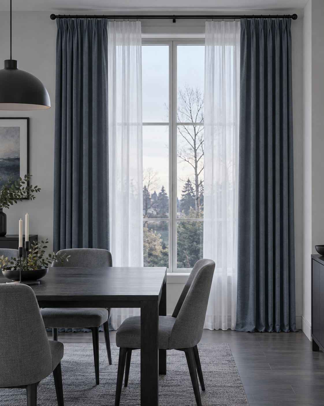 Dining Room Curtains - Ravnora Decor Modern dining room with full-height slate-blue curtains layered over cool-white sheers around a complete window