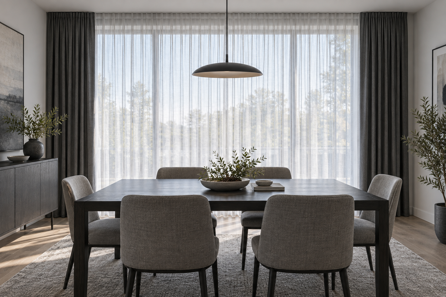 Dining Room Curtains - Ravnora Decor Bright dining room with full-height sheer curtains softly diffusing afternoon daylight