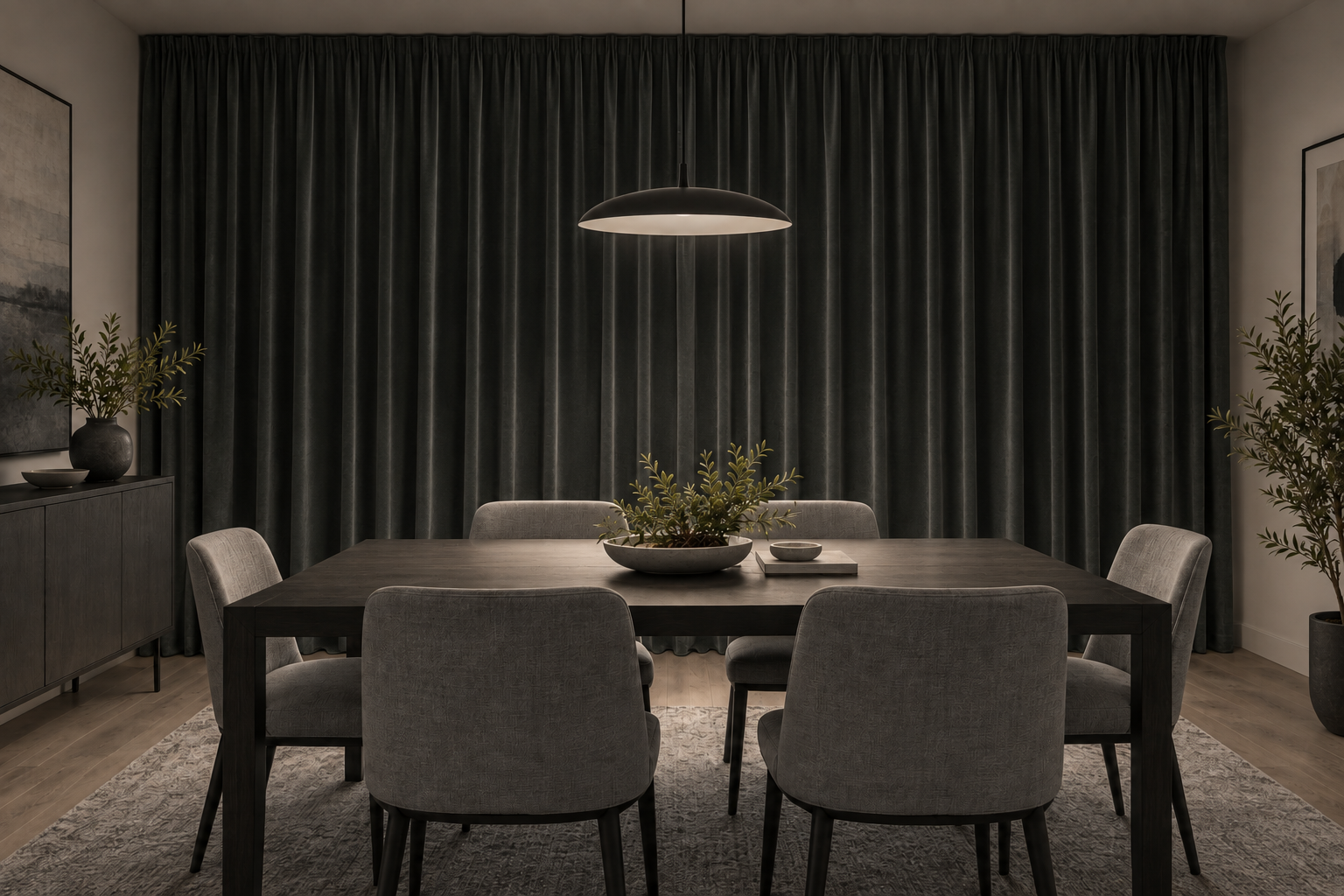 Dining Room Curtains - Ravnora Decor Evening dining room with deep full-height curtains closed for strong privacy and room darkening
