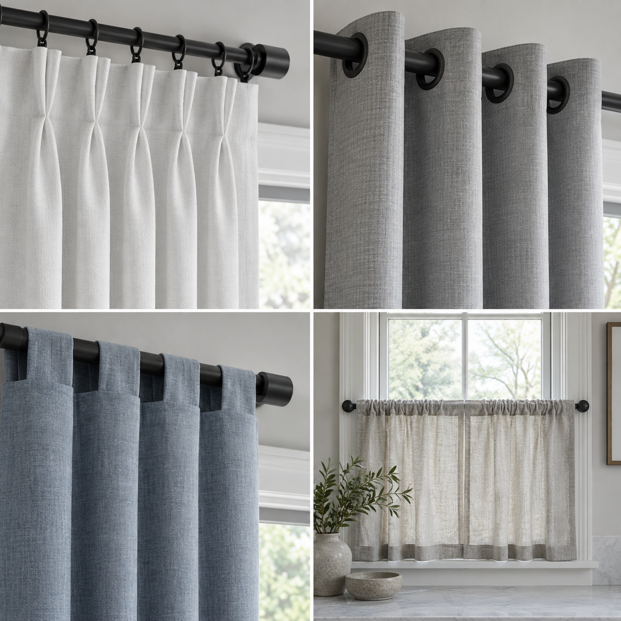Dining Room Curtains - Ravnora Decor Visual comparison of pinch-pleat, grommet, back-tab and cafe-style curtain hanging treatments