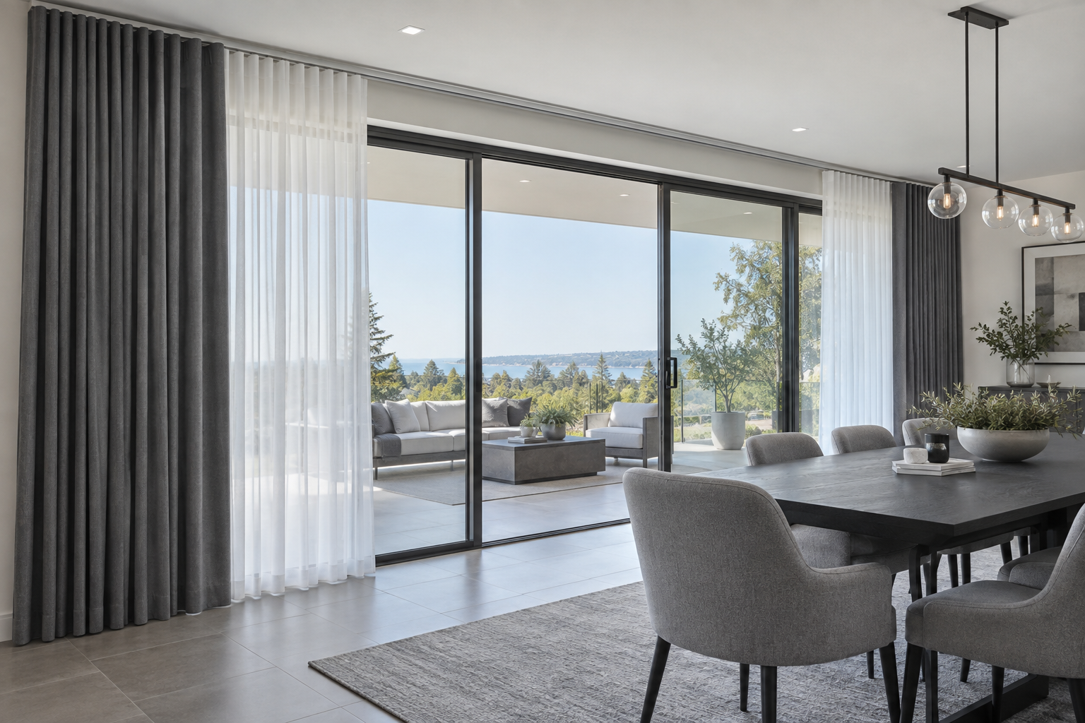Dining Room Curtains - Ravnora Decor Wide dining-room patio opening with layered full-height curtains suspended from discreet ceiling-mounted hardware