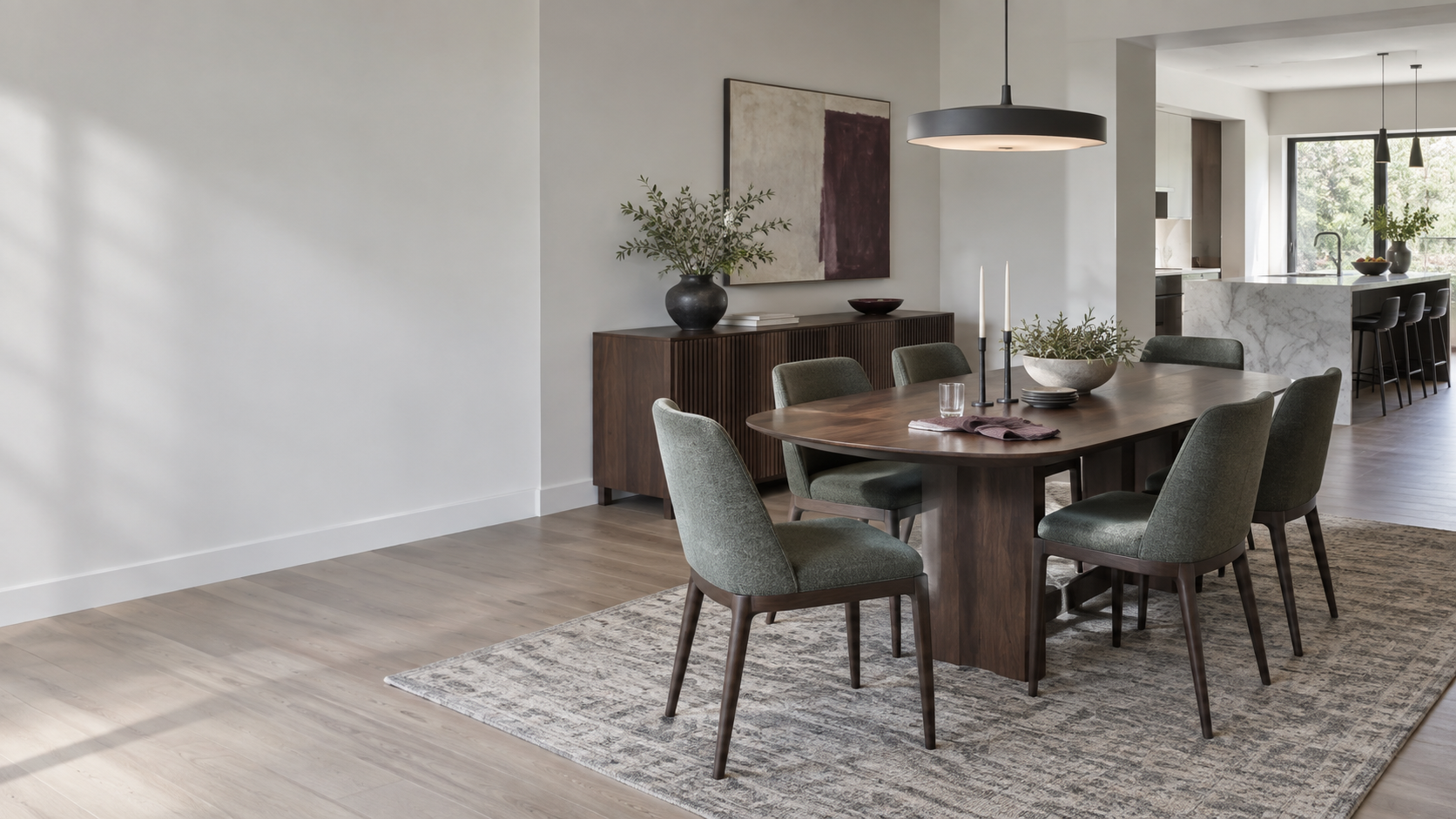 Contemporary dining room with a six-seat table, sideboard and a clear circulation path around the chairs.