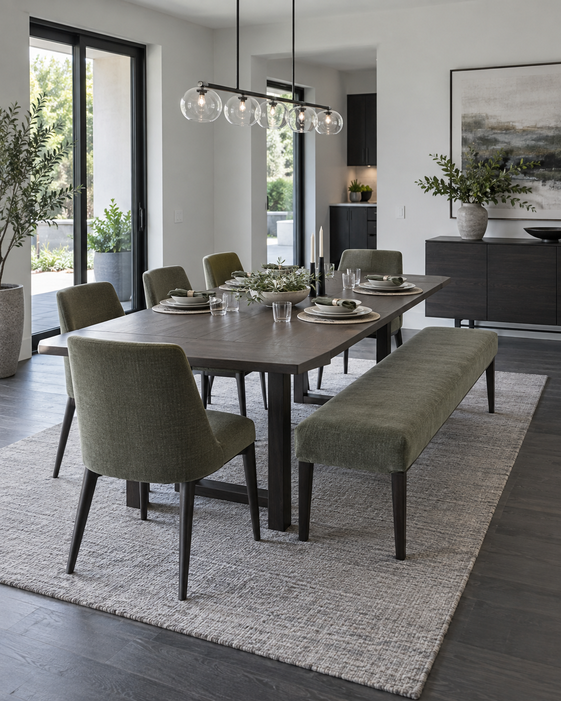 Dining Room Furniture - Ravnora Decor Dining room with an extendable table, repeated chairs and an upholstered bench positioned away from the main path.