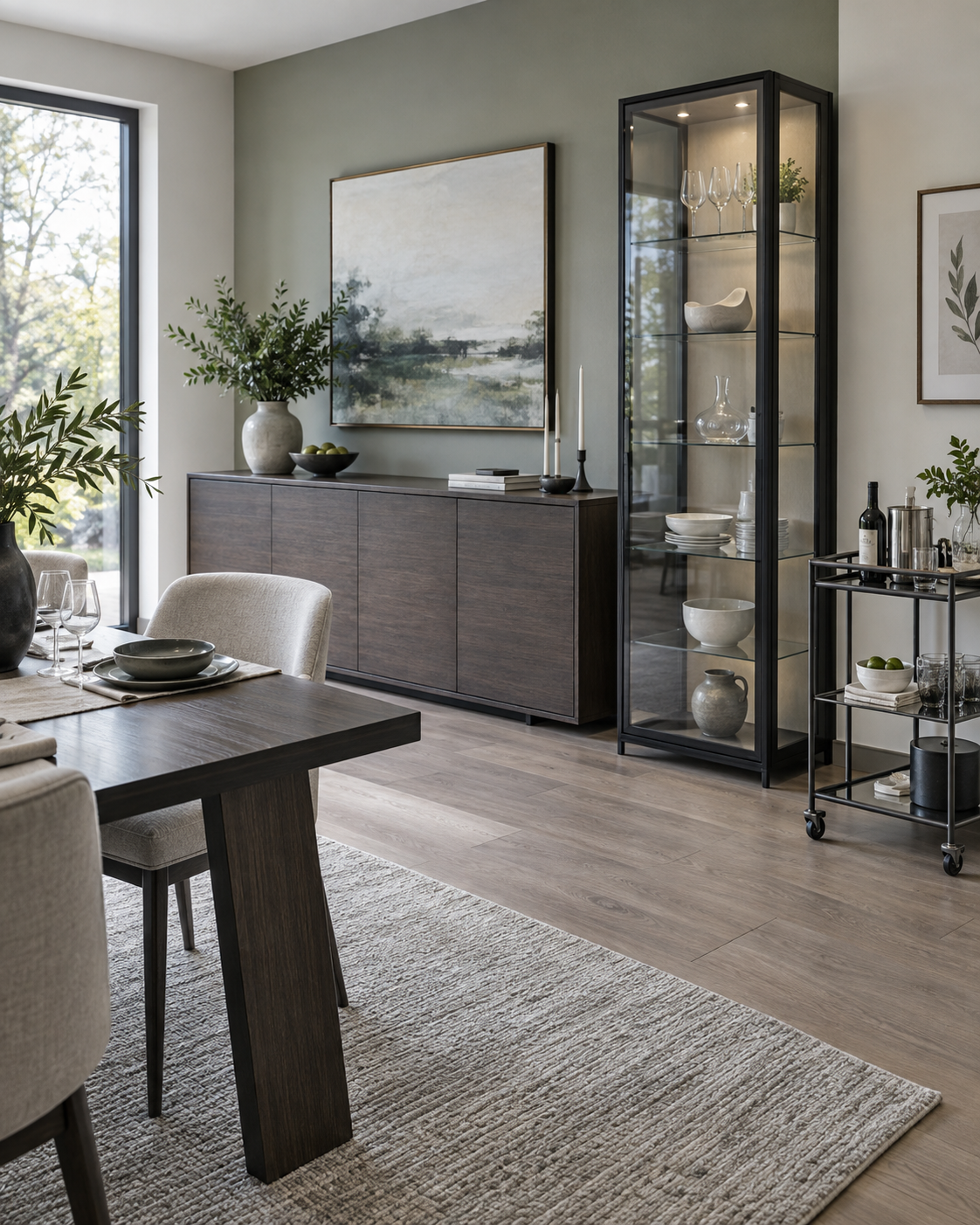 Dining Room Furniture - Ravnora Decor Dining wall with closed sideboard storage, a tall glass display cabinet and compact service storage.