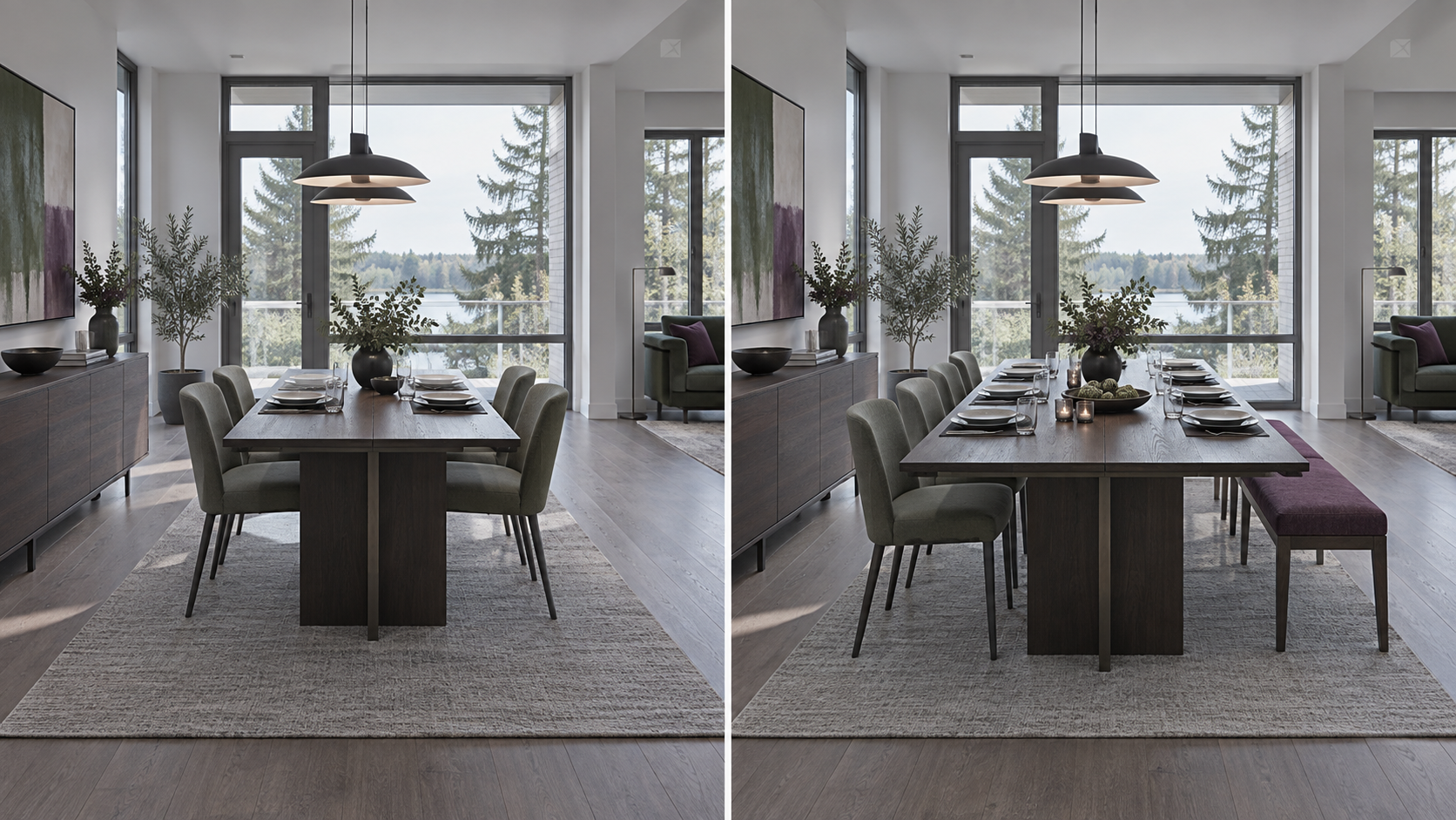 Dining Room Furniture - Ravnora Decor The same dining room shown in everyday and expanded hosting configurations while preserving circulation.