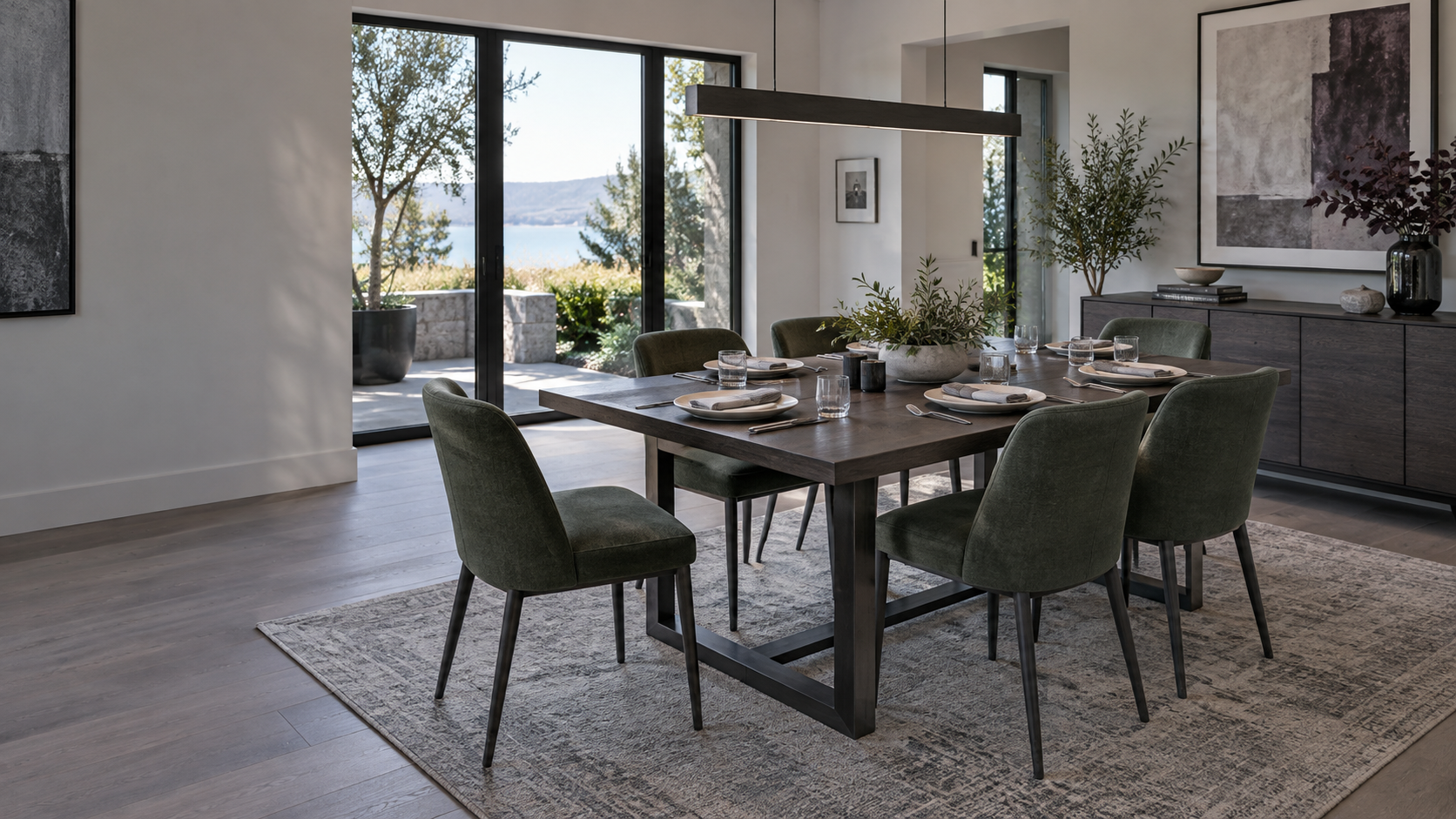 Dining Room Furniture - Ravnora Decor Resolved contemporary dining room set for six with comfortable circulation and accessible storage.