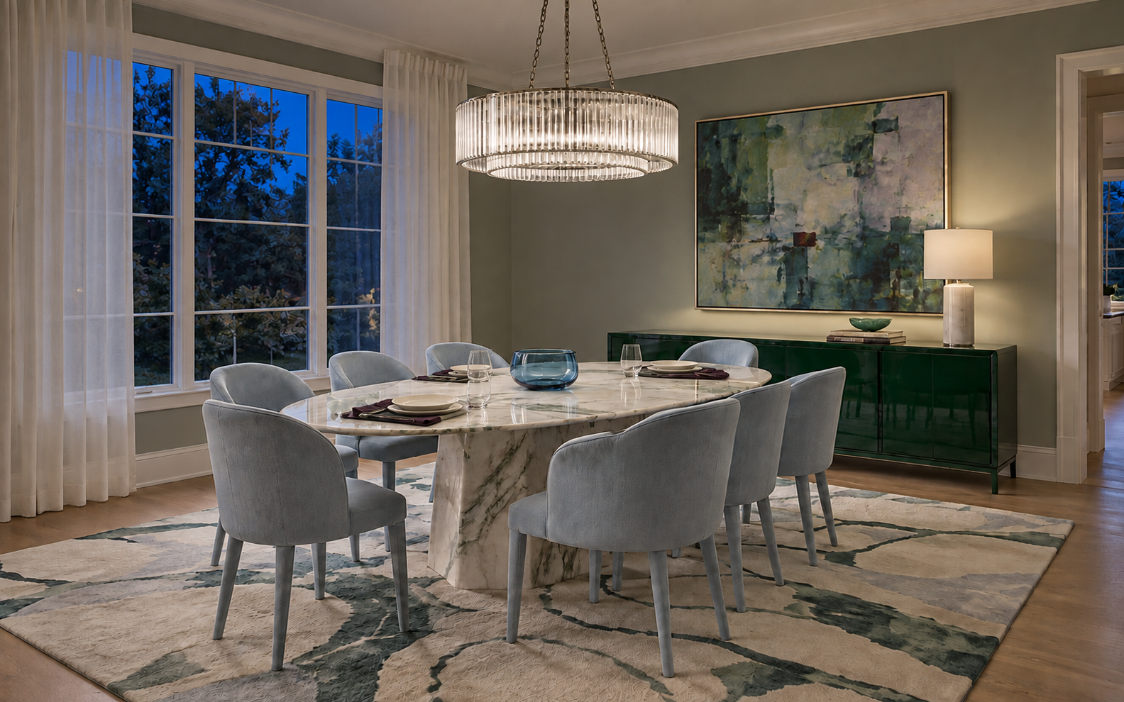 The same green-and-blue contemporary dining room transformed at blue hour by layered pendant lighting.