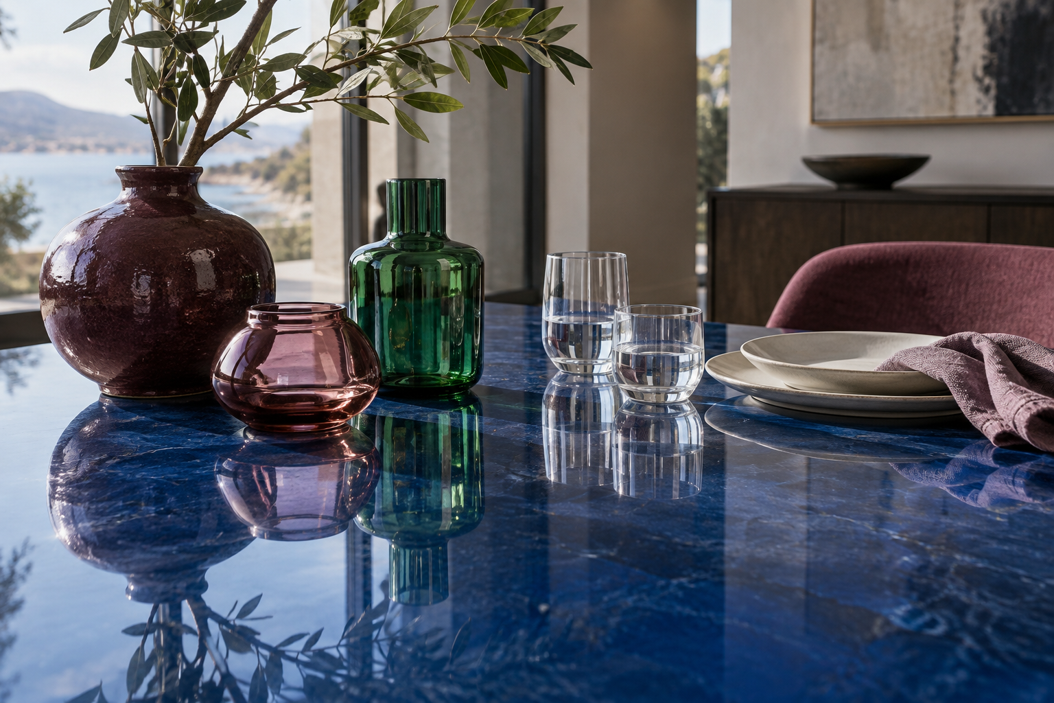 Colorful contemporary dining-table styling with cobalt surface, aubergine ceramic and emerald glass accents.