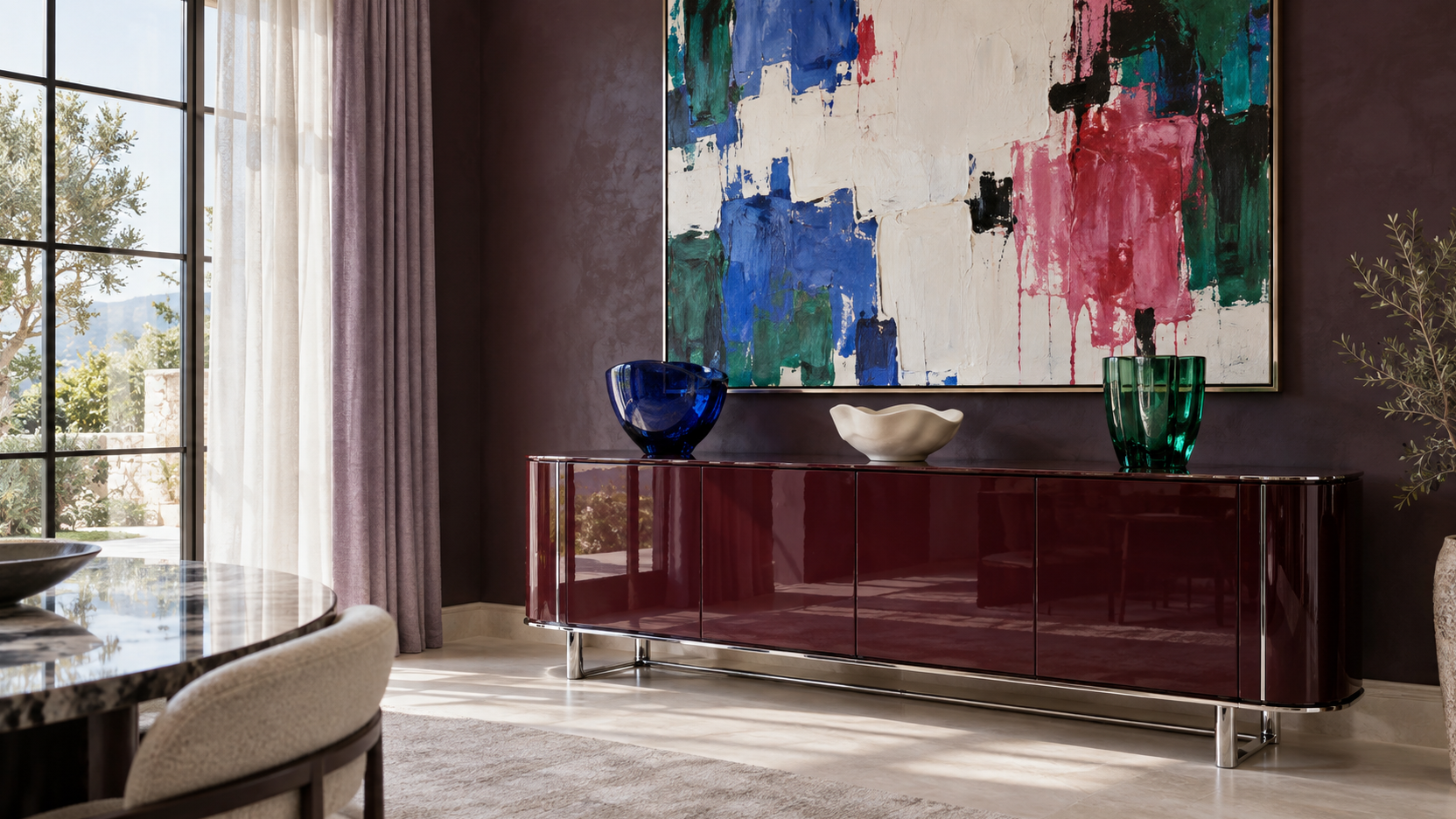 Color-rich dining-room perimeter with plum walls, lavender curtains, berry lacquer sideboard and large contemporary artwork.
