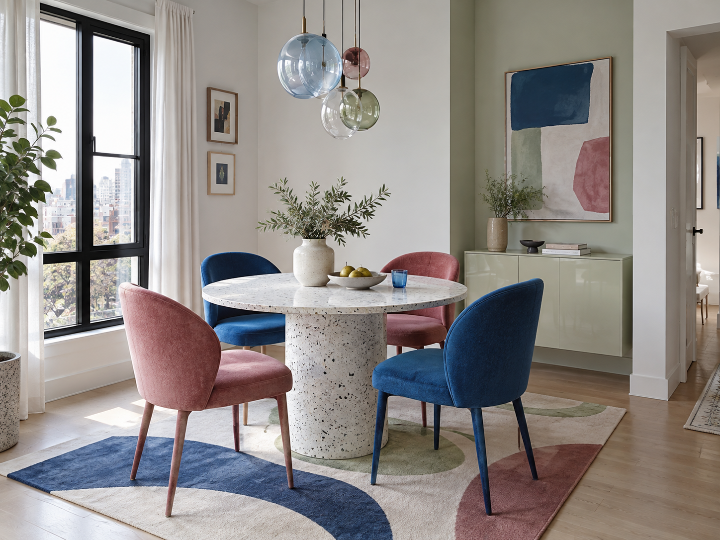 Bright compact dining room with cobalt and raspberry chairs, round pedestal table and clear circulation.