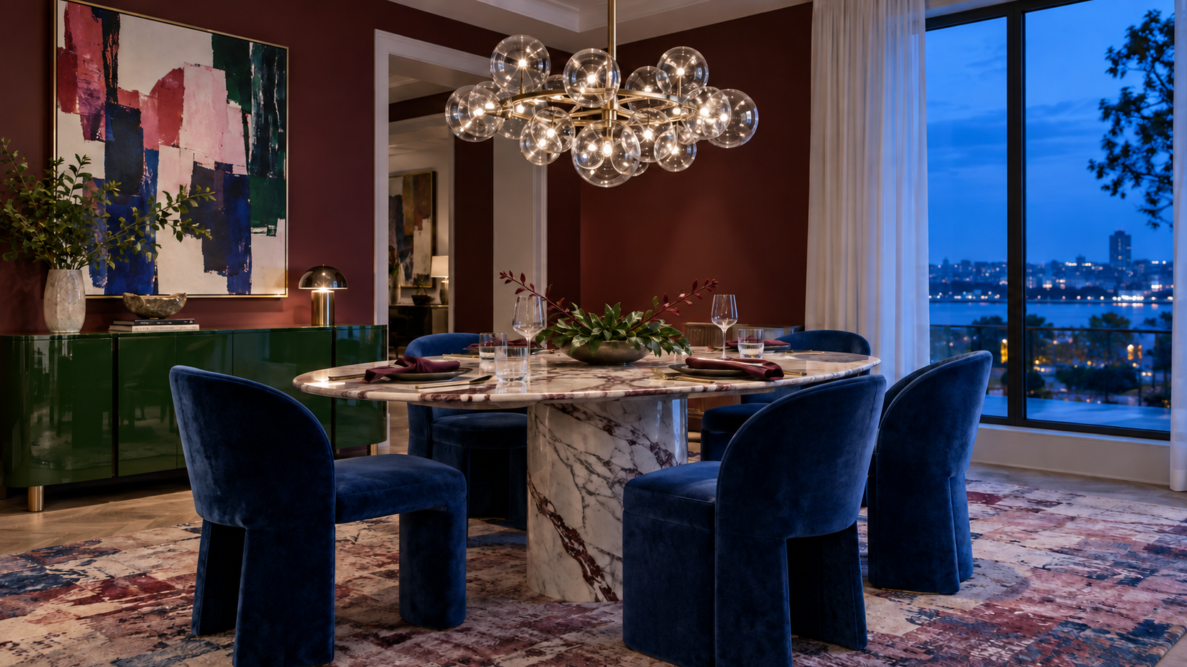 Dramatic contemporary dining room with oxblood walls, cobalt dining chairs, pale stone table and sculptural glass lighting.