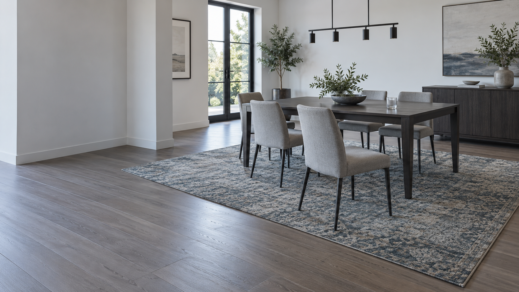 Six-seat contemporary dining room with one chair pulled back while all chair legs remain on a generously sized low-profile rug.