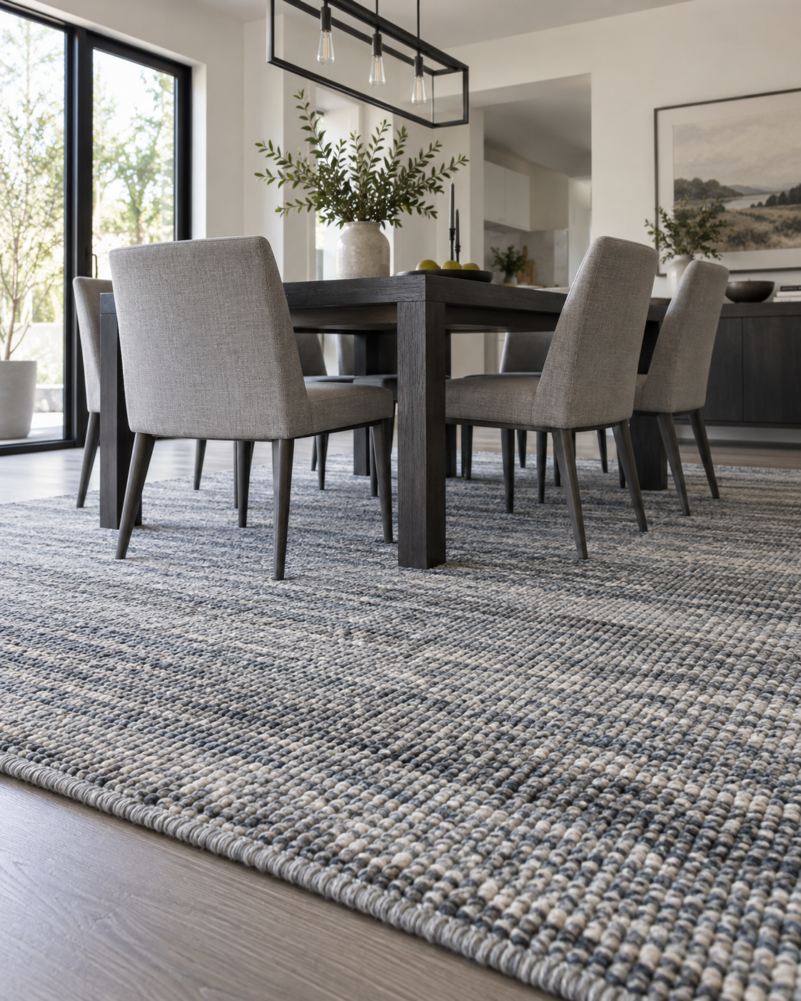 Dining Room Rugs - Ravnora Decor Contemporary dining table on a low-profile textured wool rug with visible woven material character.