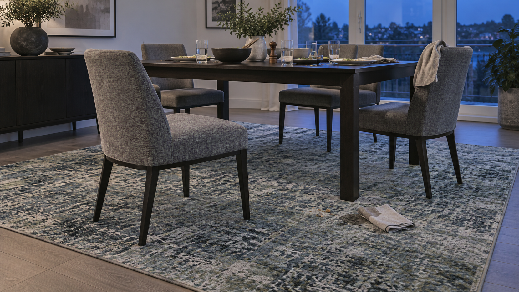 Dining Room Rugs - Ravnora Decor Realistic dining room after dinner with a chair pulled back, small crumbs and a minor spill on a low-profile dining rug.
