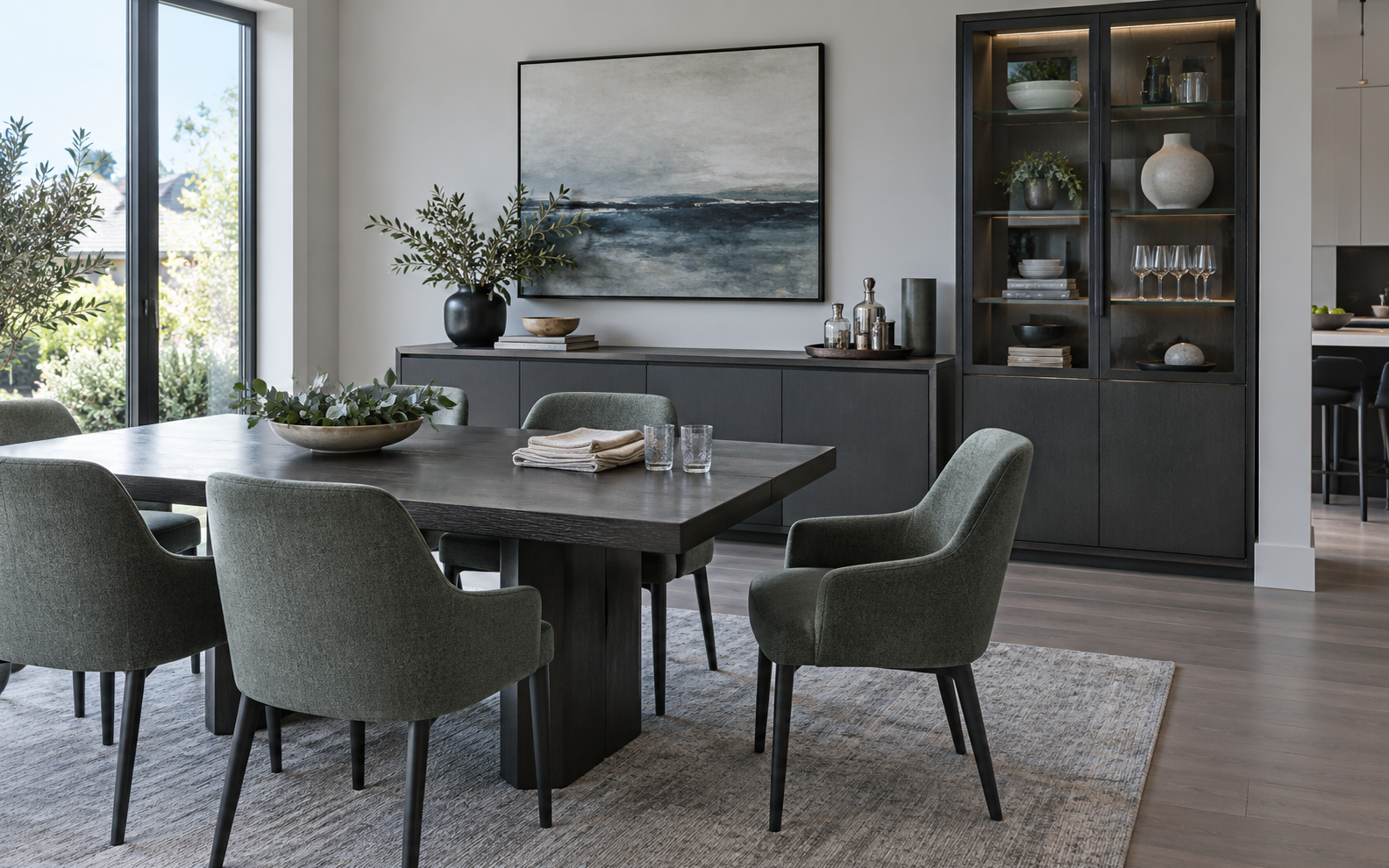 Cool-toned dining room with a clear table, closed sideboard, display storage and comfortable chair circulation