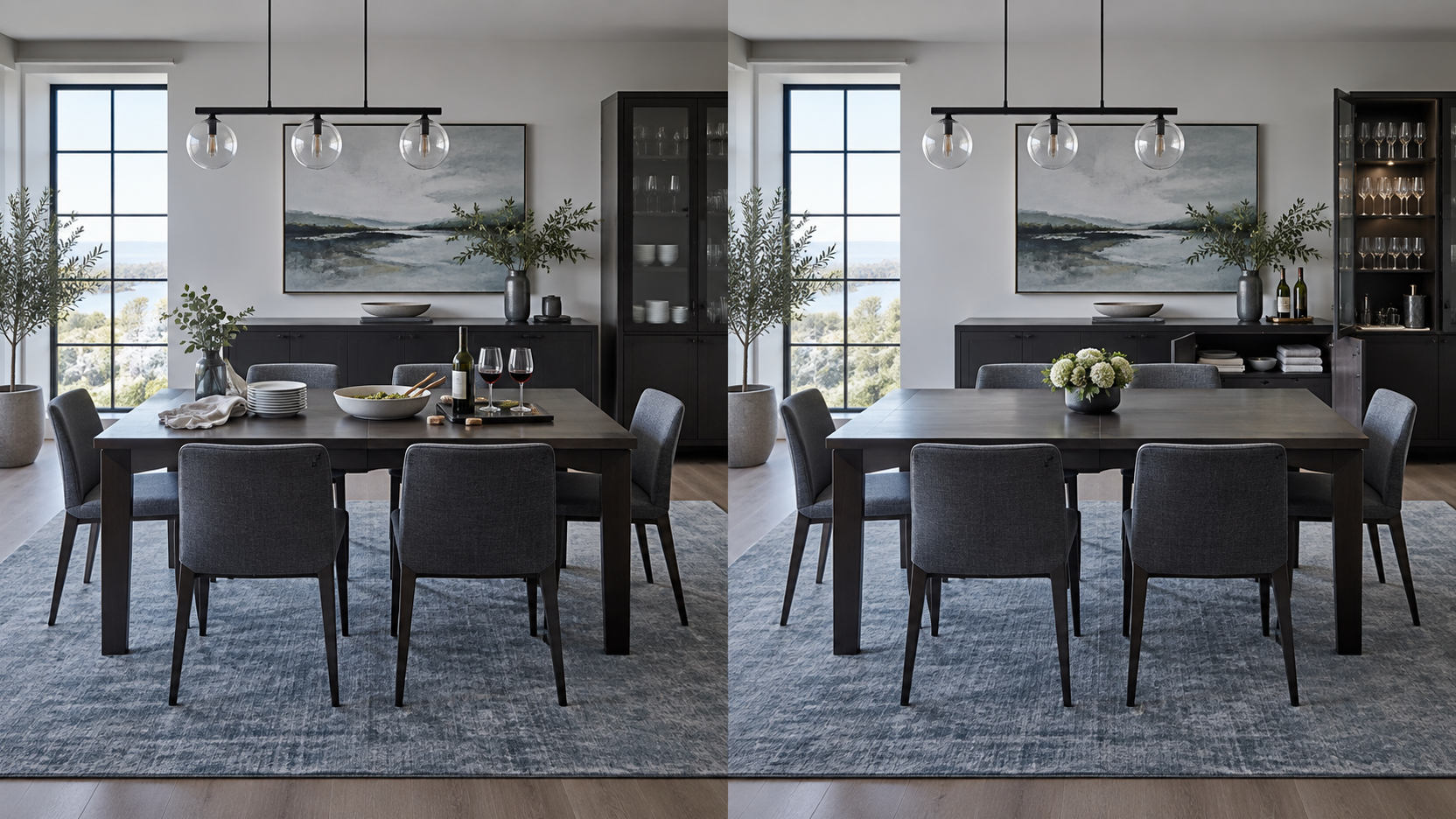 Before and after dining room showing plates, linens and barware moved from the dining table into dedicated storage