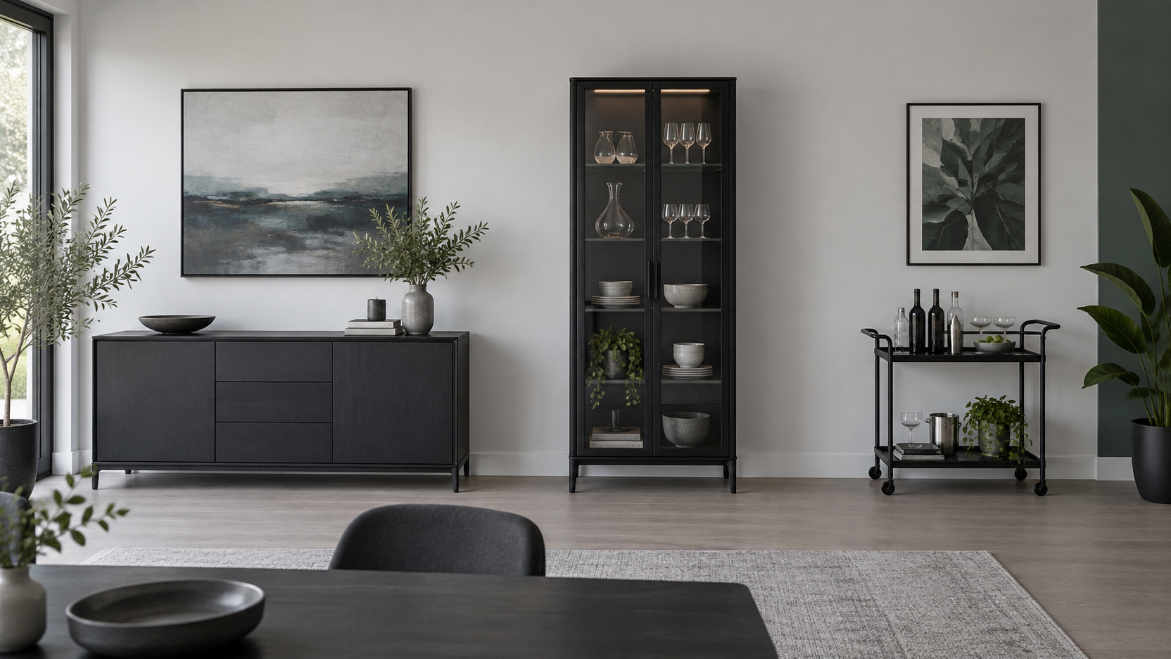 Dining storage wall combining closed sideboard storage, tall display storage and a movable serving station
