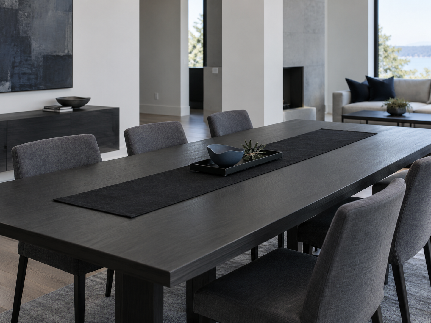 Dining Table Decor - Ravnora Decor Long dining table with a slim runner and low movable centerpiece tray