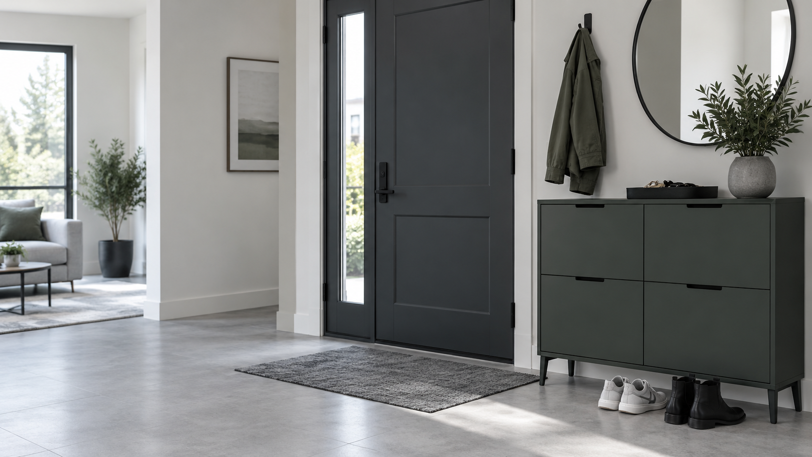 Entryway Furniture - Ravnora Decor Modern cool-toned entryway with shallow closed furniture, organized daily items and a clear walking path beside the front door.