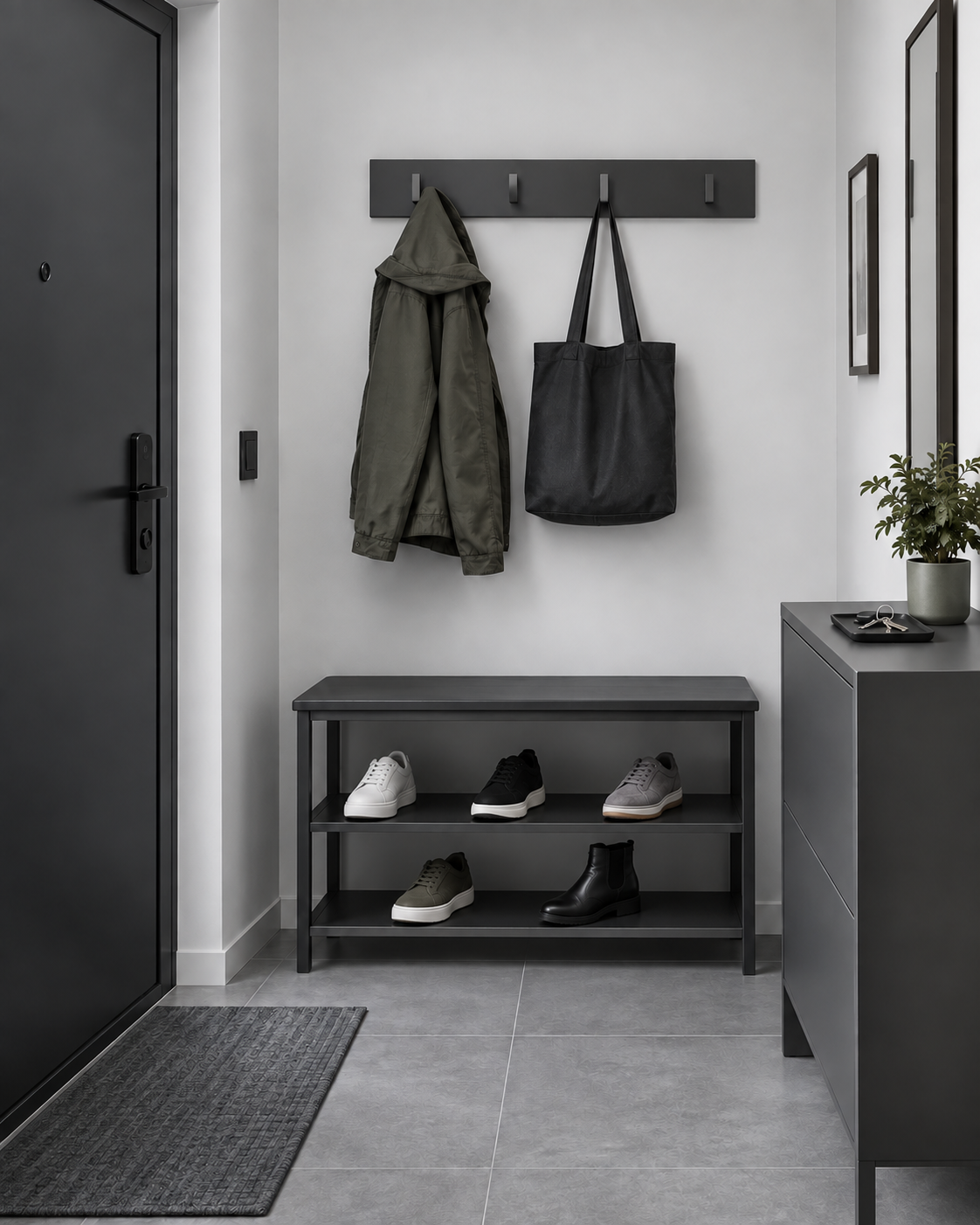 Entryway Furniture - Ravnora Decor Compact entryway with open shoe shelving and wall hooks keeping everyday shoes, a coat and bag visible and easy to reach.