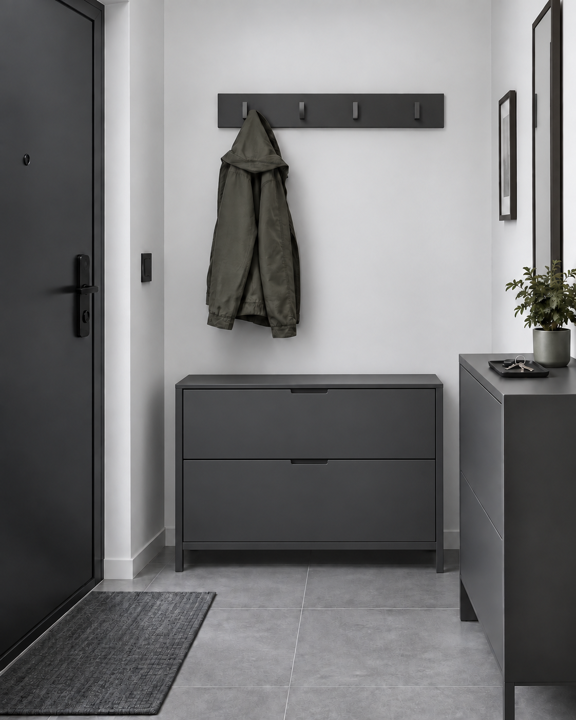 Entryway Furniture - Ravnora Decor Compact entryway with a slim closed dark shoe cabinet creating a calm uncluttered arrival wall.