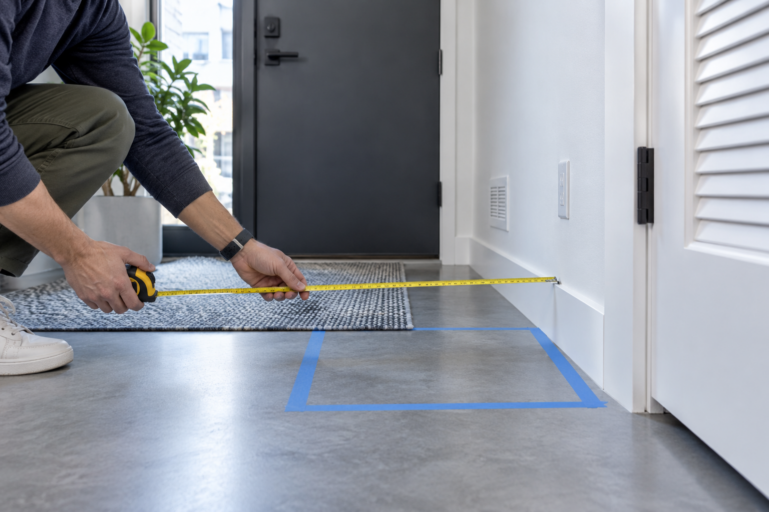 Entryway Furniture - Ravnora Decor Person measuring usable entryway depth and marking a possible furniture footprint while keeping the walking route clear.