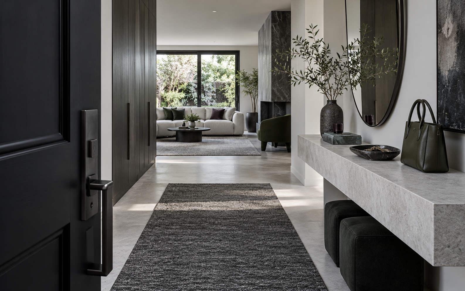 Entryway Decor Ideas - Ravnora Decor Modern entryway with a long runner, floating console, mirror and clear route into the living room