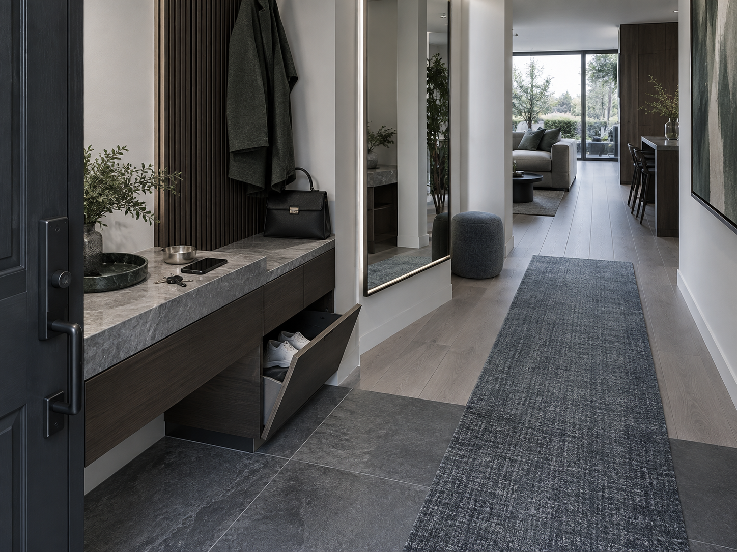 Entryway Decor Ideas - Ravnora Decor Entryway viewed from the front door with a clear runner, floating landing surface, shoe storage and mirror