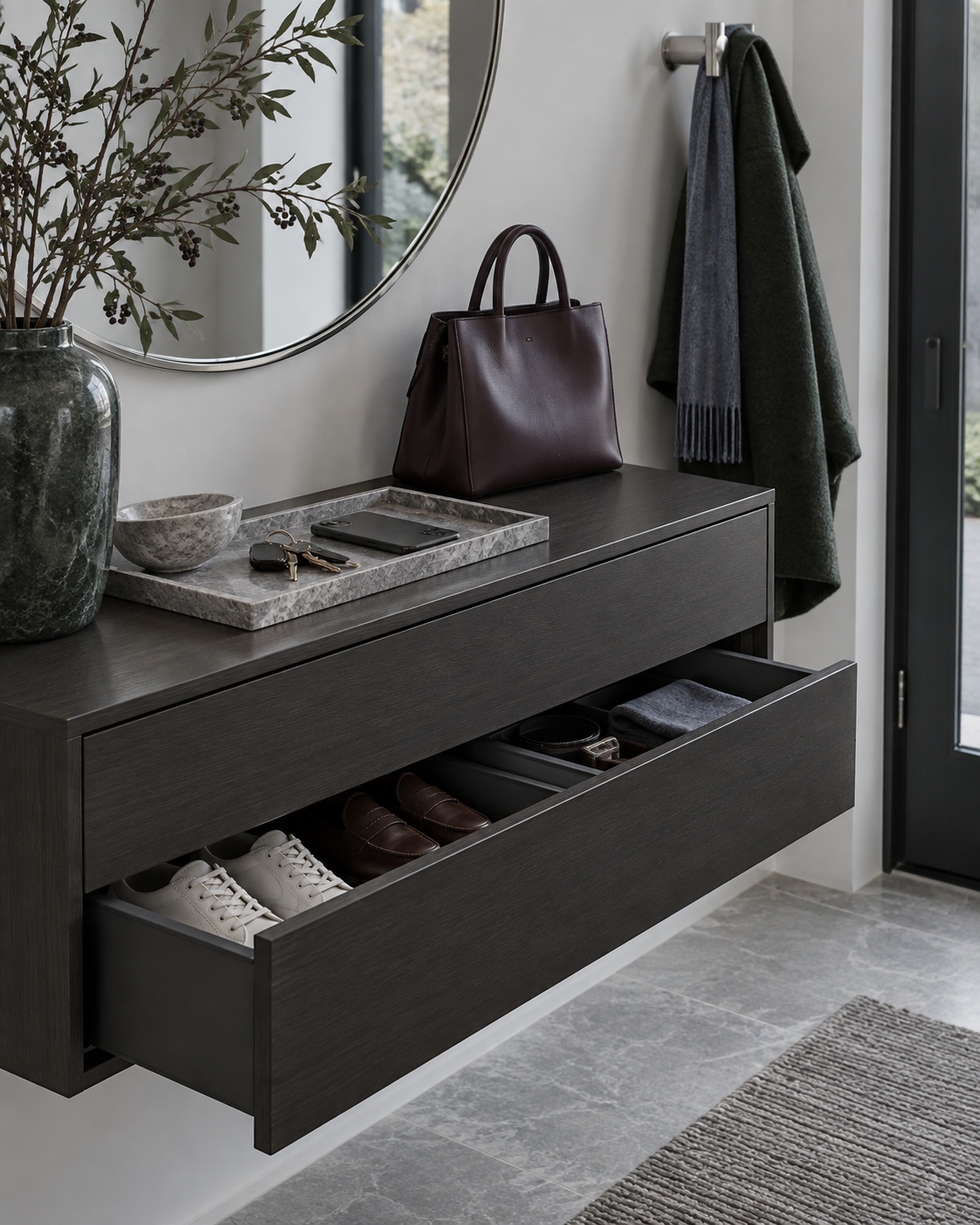 Entryway Decor Ideas - Ravnora Decor Floating entryway drawer combining a landing surface with concealed shoe and accessory storage