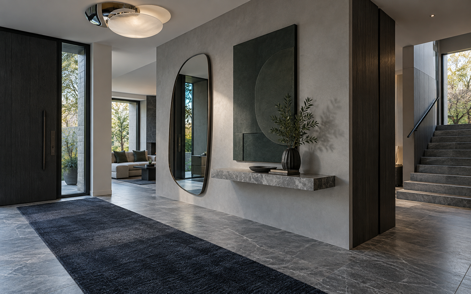 Entryway Decor Ideas - Ravnora Decor Contemporary entryway using mirror, lighting, wall art and a floating shelf while keeping the floor open