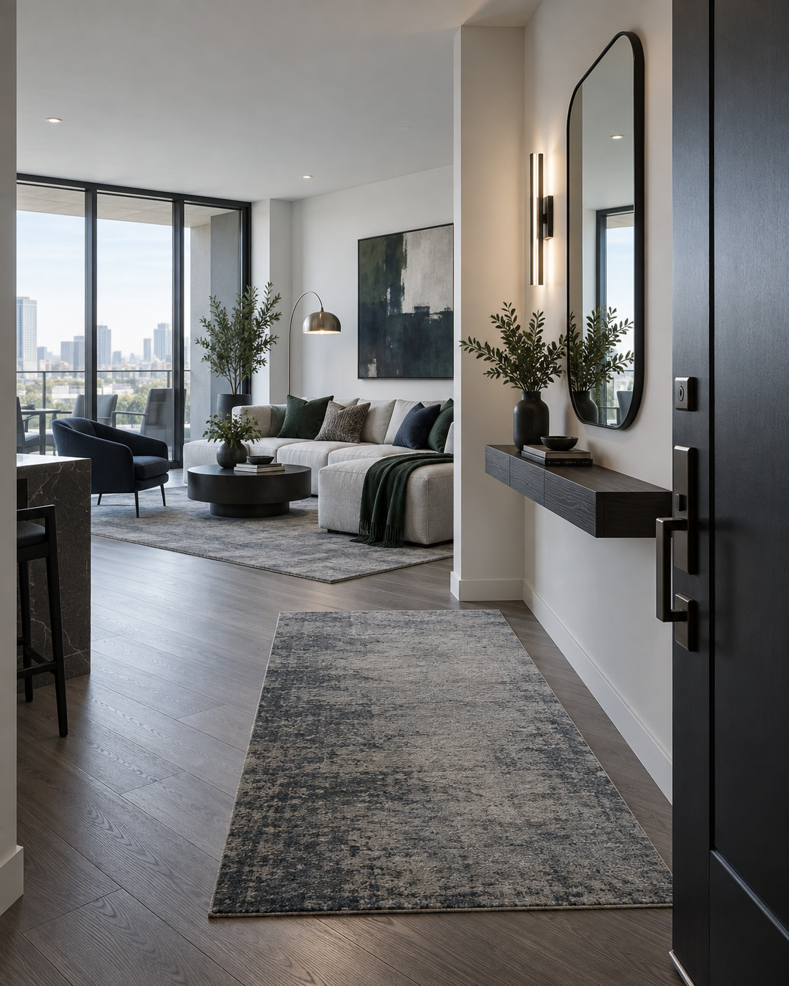 Entryway Decor Ideas - Ravnora Decor Open-plan entrance defined by a runner, floating console, mirror and light before the living room begins