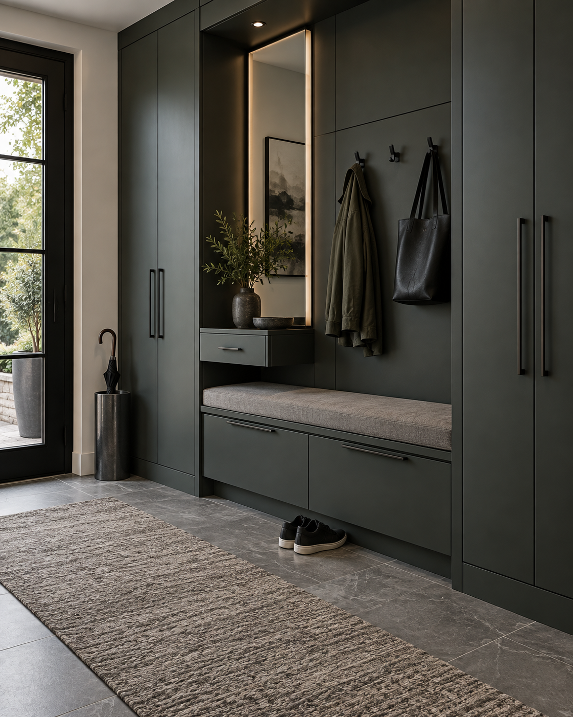 Entryway Decor Ideas - Ravnora Decor Entryway wall with concealed storage, bench, hooks, mirror and shoe zone for a higher-volume household