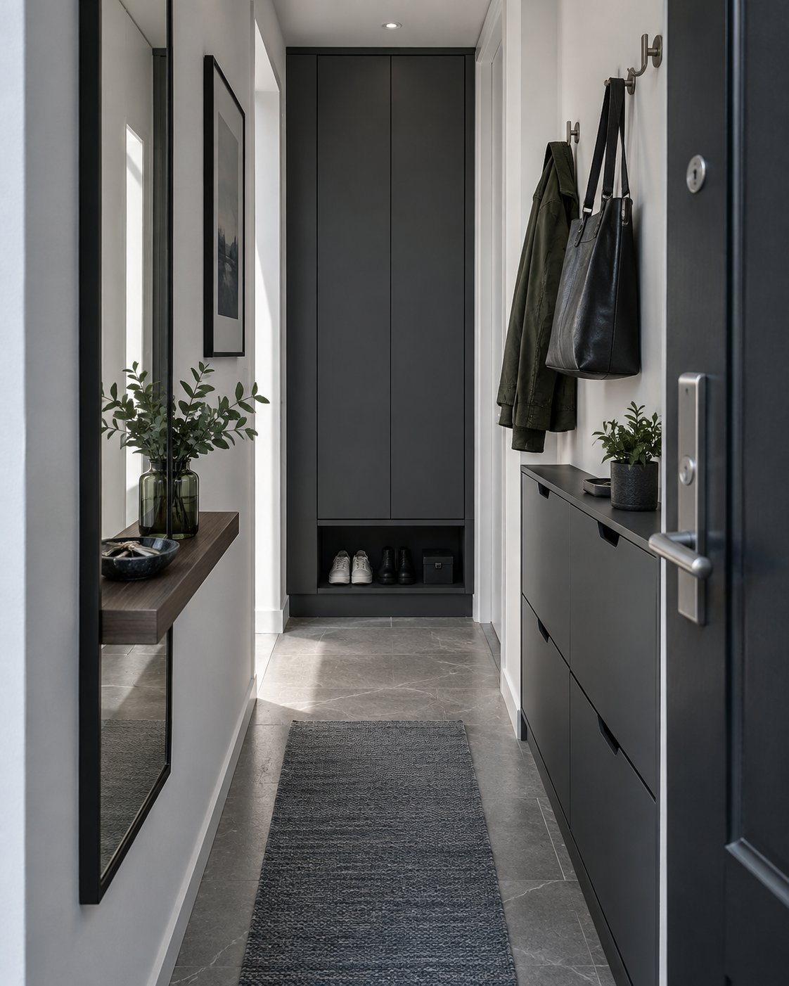 Entryway Decor Ideas - Ravnora Decor Narrow entryway with slim shoe storage, wall hooks, mirror and a clear central walkway