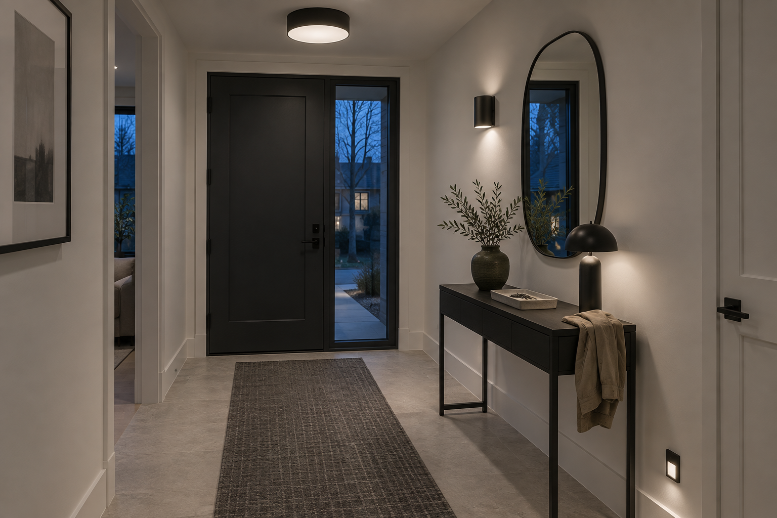 Contemporary entryway at early evening using ceiling, wall and console lighting for a layered arrival scene