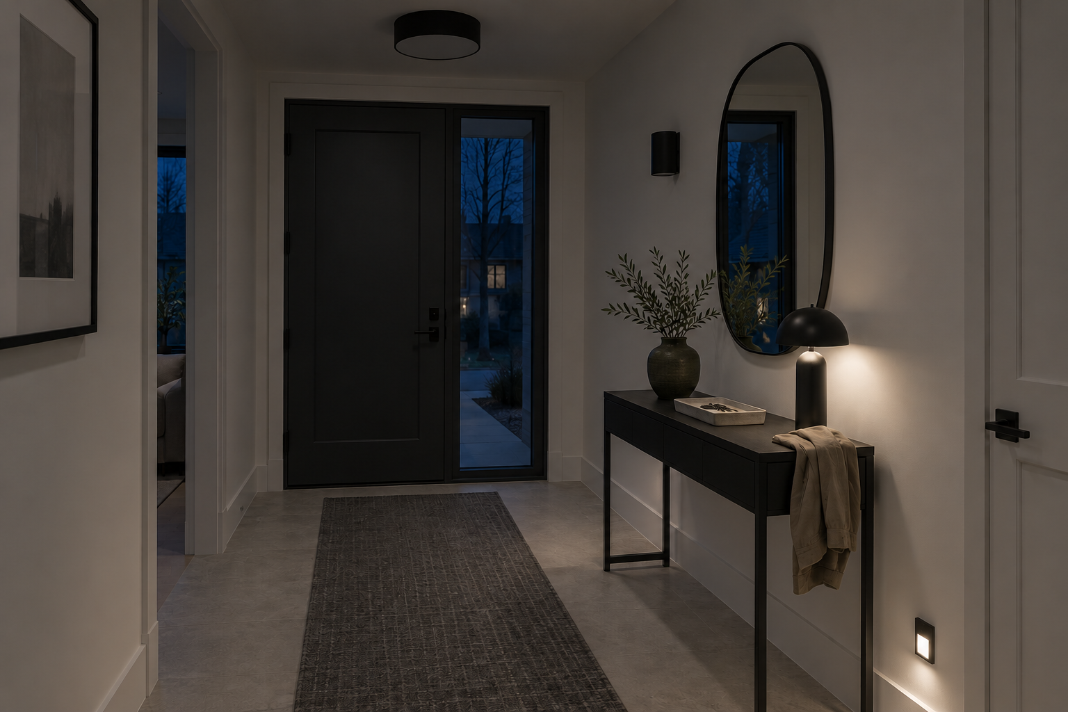 Same contemporary entryway late at night with the overhead light off and soft console and path lighting guiding the way