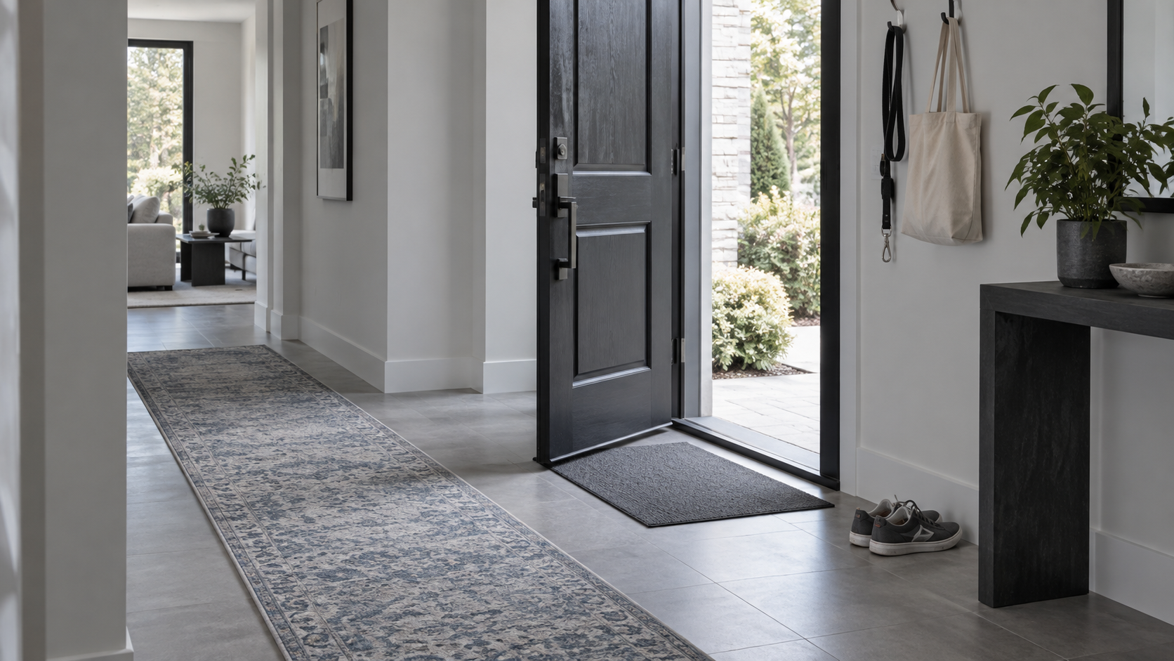 Modern entryway with a dark threshold mat and blue-gray runner creating a clear path beyond the front-door swing