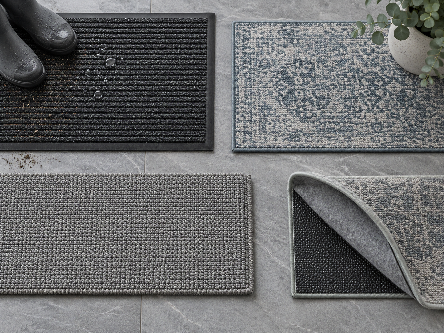 Entryway rug materials showing a scraper mat, low-pile washable rug, woven runner and rug-pad layers on cool stone flooring