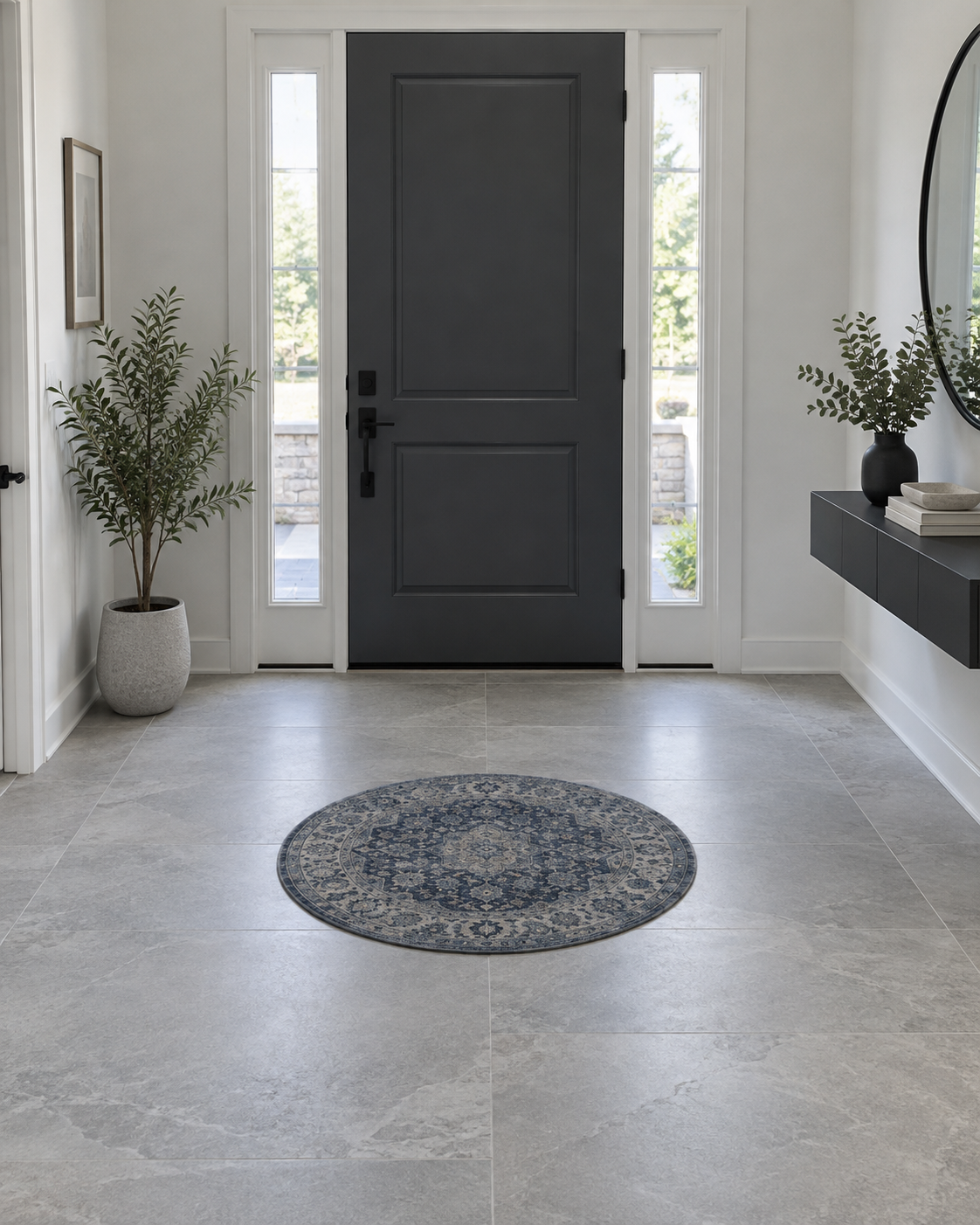 Square contemporary foyer with a compact blue four-foot round rug placed beyond a clear front-door swing zone