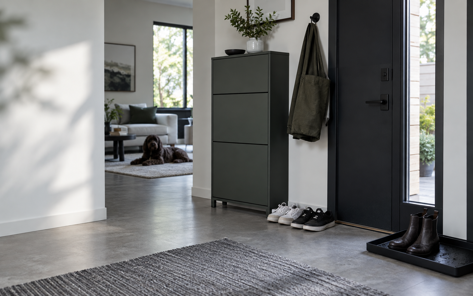 Entryway Shoe Organization - Ravnora Decor Modern entryway with slim concealed shoe storage, daily shoes, wet-boot containment and a clear walking path