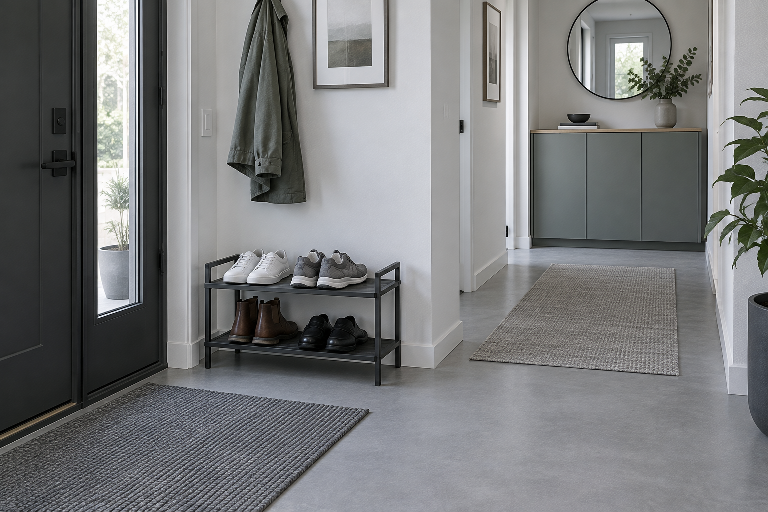 Entryway separating a small weekly shoe rotation near the door from secondary footwear storage farther away