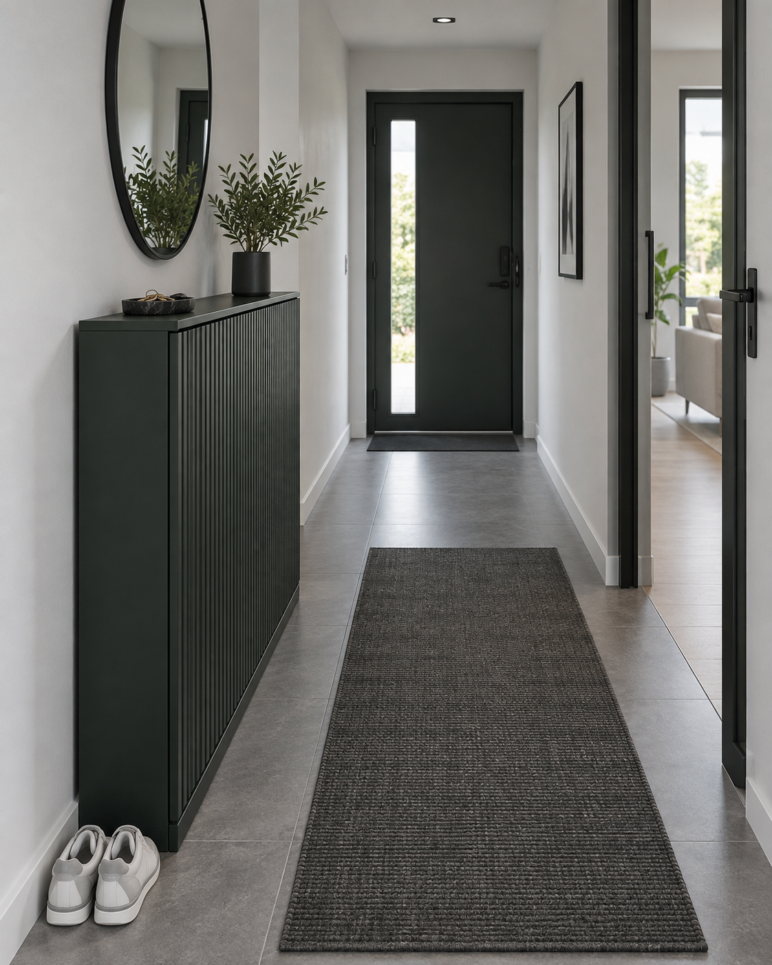Entryway Shoe Organization - Ravnora Decor Slim closed shoe cabinet creating a calm first impression in a narrow entryway