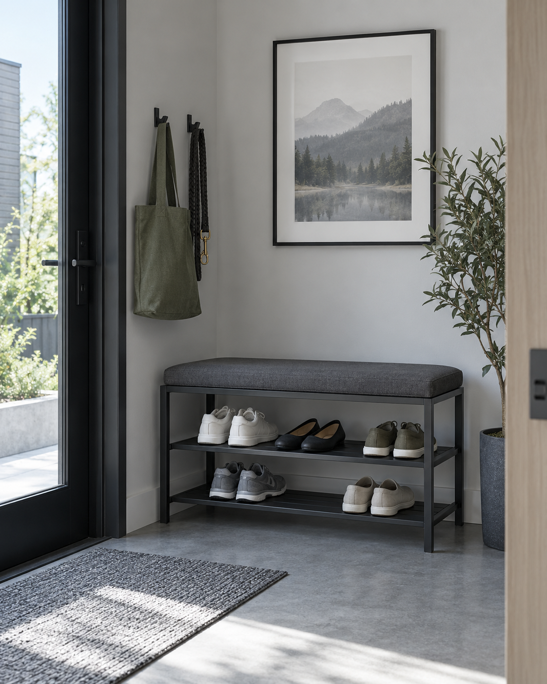 Entryway Shoe Organization - Ravnora Decor Open shoe rack and compact seating arranged for fast everyday shoe access