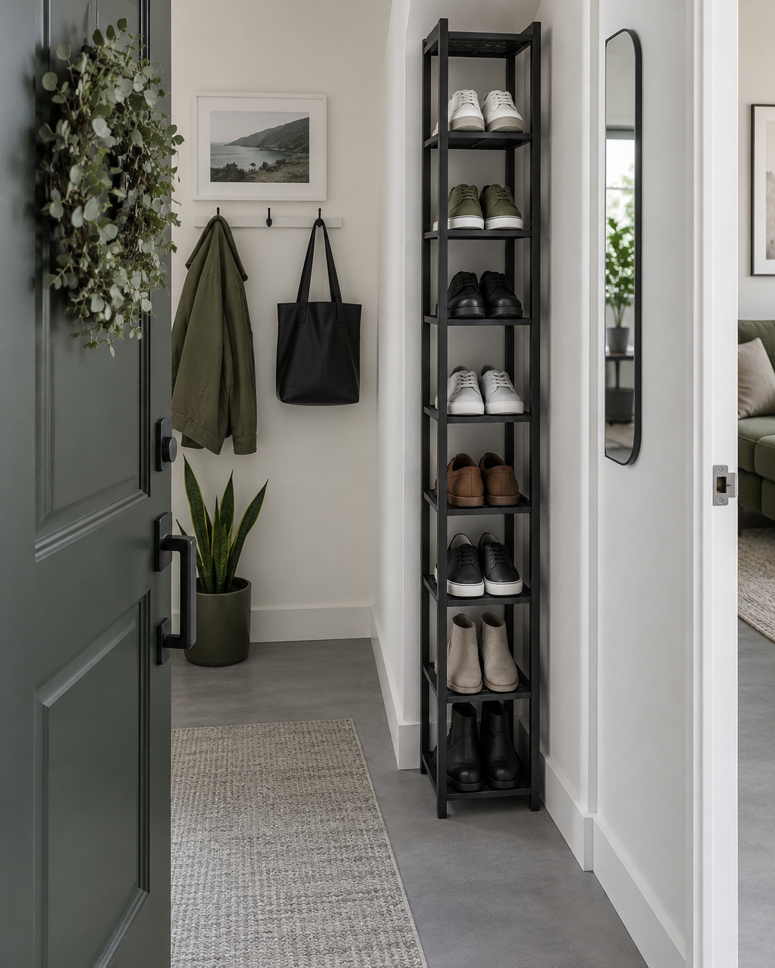 Entryway Shoe Organization - Ravnora Decor Narrow entryway using tall vertical shoe storage to keep limited floor space open