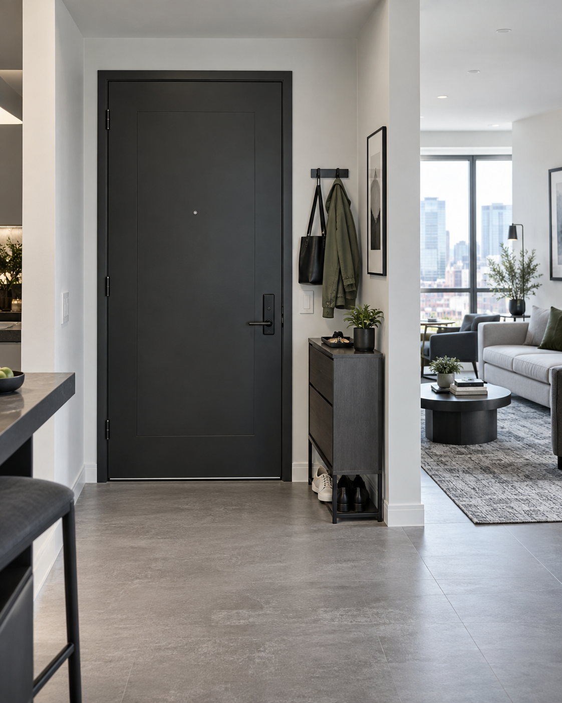 Open-plan apartment entrance using a shallow storage wall, hooks and a small drop zone without a separate foyer.
